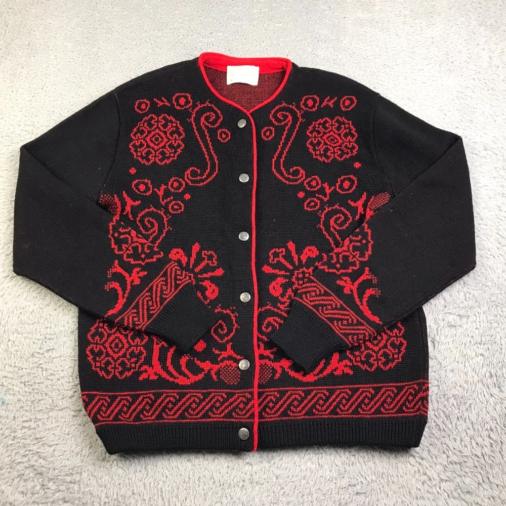 Pendleton Sweater Womens M Black/Red Floral Virgin Wool Knit Button Up Cardigan